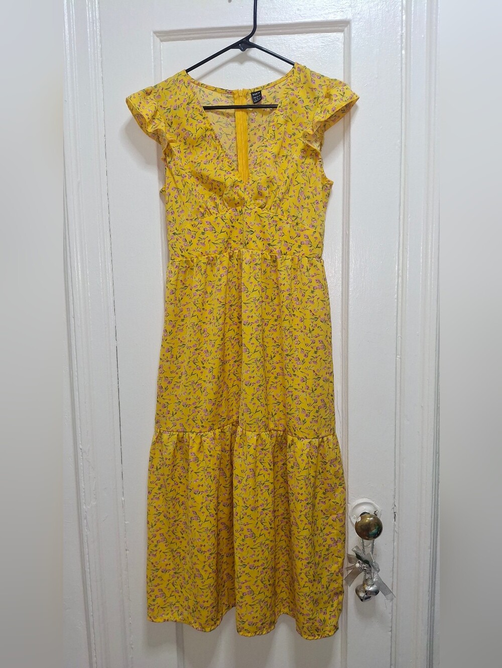 SHEIN Yellow Floral Midi Dress Ruffle Sleeve V Neck Cottagecore Size S